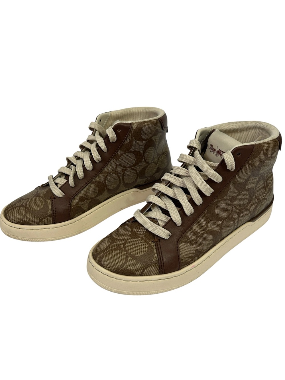 COACH Signature Monogram Clip High Top sneakers Brown leather trim sz 7.5